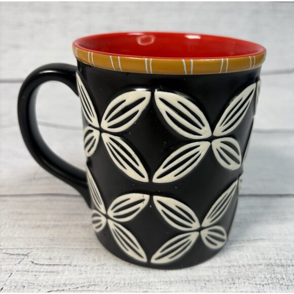 Starbucks 2008 Coffee Mug Hawaiian Tiki Flower Black Red New Bone China 16 oz - Picture 1 of 6